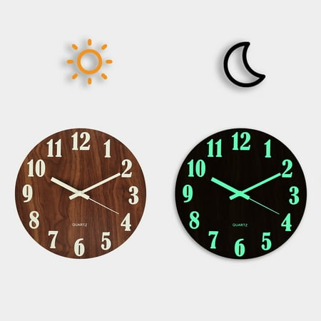 verlacoda 12 Inch Luminous Wall Clock Wooden Design Night Lights Round Wall Clock Large Number Wooden Clock for Living Room Bedroom Home Kitchen Office School Easy to Read Glow in Dark