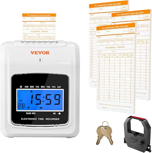 VEVOR Punch Time Clock, Time Tracker Machine for Employees of Small Business, 6 Punches per Day, Time Clock Punch Machine Includes 102 Time Cards, 1 Ink Ribbon and 2 Security Keys