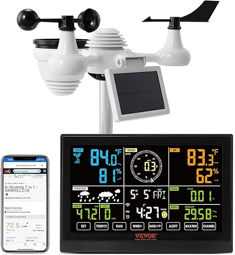 VEVOR YT60234 WiFi Weather Station 7-in-1, Weather Stations WiFi Indoor Outdoor, 7.5 Color Display for Weather Forecast, Temperature, Humidity, UV, Air Pressure, Wind Speed&Direction, Rain, Alarm