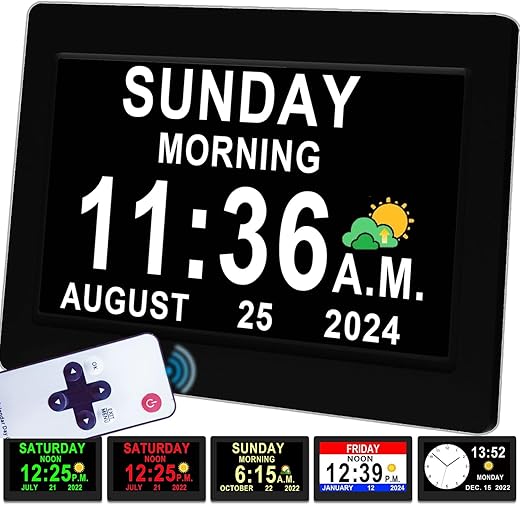 Véfaîî Digital Clock with Day Date for Elderly 19 Alarms Custom Reminders, Large Calendar Dementia Clock, AM/PM, Auto DST, Memory Function, Adaptor Included- Perfect Organizer for Home & School