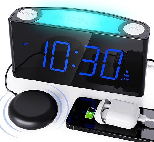 Vibrating Alarm Clock with Bed Shaker,Digital Bedroom Clock for Heavy Sleepers,Deaf Hearing Impaired Senior, 7 Night Light, Large LED Display,Dimmer, 2 USB Charger,12/24H/DST,Battery Backup