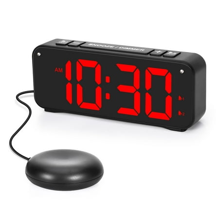 Vibrating Alarm Clock with Bed Shaker for Heavy Sleepers,Deaf,Hard of Hearing, Dual Alarm Clock,USB Charger, Digital Alarm Large Display Number w/4 levels Brightness Dimmer,Snooze,12/24H