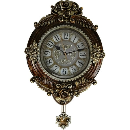 Victorian Round Wall Clock Swinging Pendulum European Ornate Gold Rose Accents in Gold and Brown