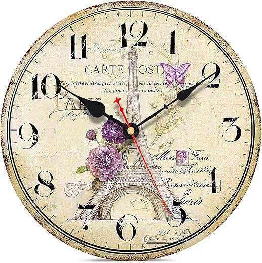 VIKMARI 14 Inch Wall Clock, Vintage/Country/French Style Wooden Clock, Family Decoration Eiffel Tower Retro Wood Clock, Silent Non-Ticking Round Painted Paris Tower Floral Retro Style Hanging Clocks