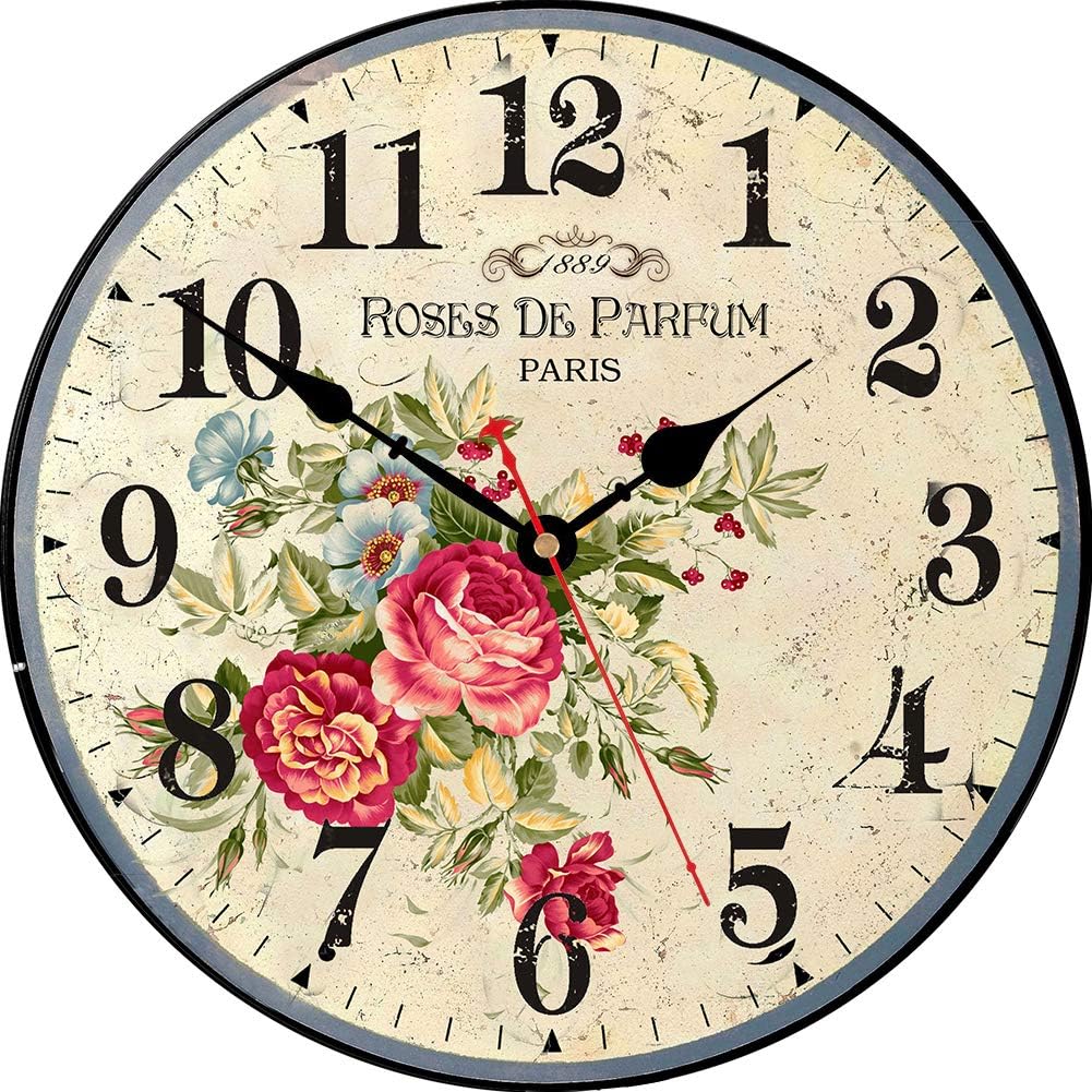 VIKMARI 14 Inch Wooden Wall Clock Vintage Parfum Roses Style for Kitchen Office Home Silent Non-Ticking Art Hanging Clock Arabic Numerals Battery Operated Indoor Wall Clocks