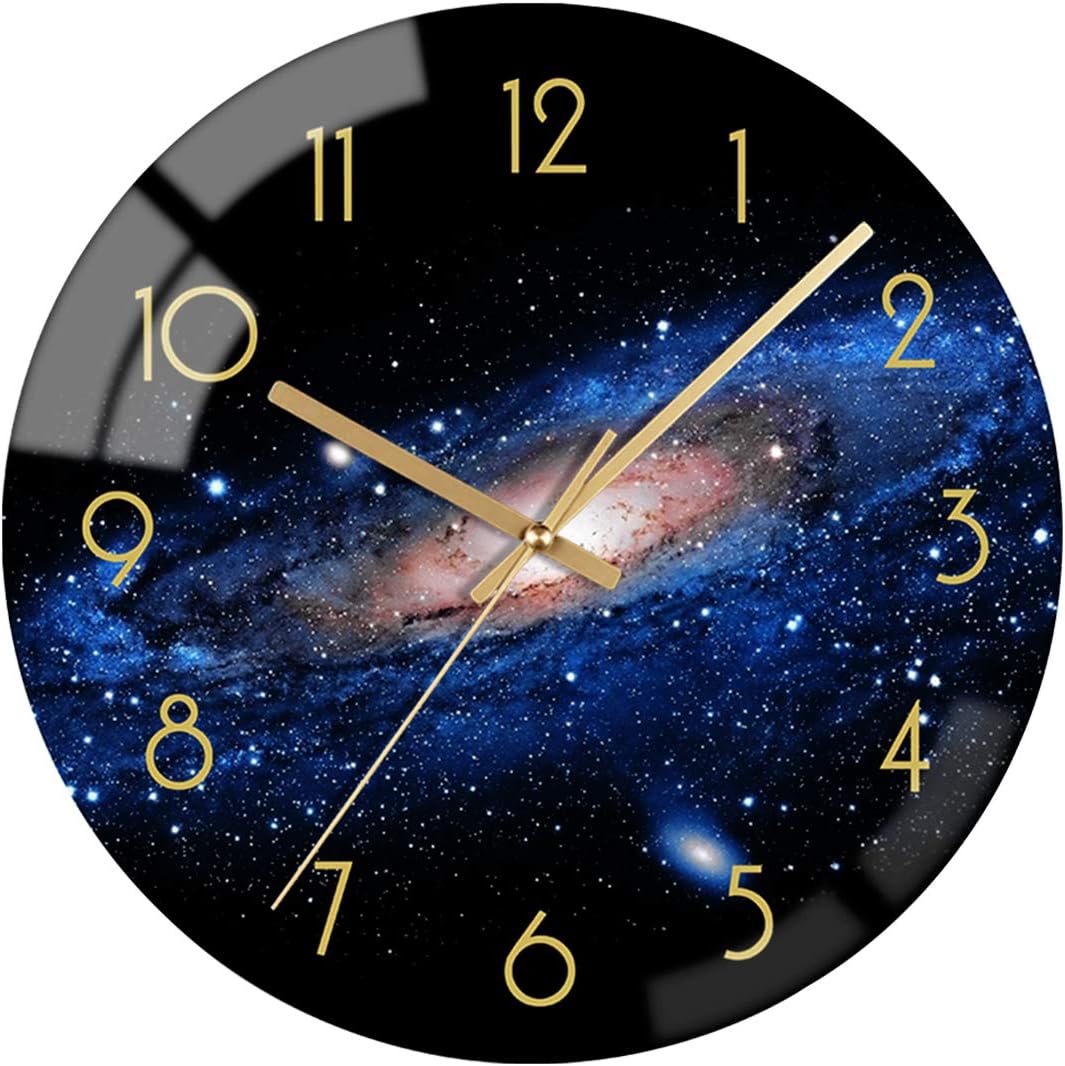 VIKMARI Black Wall Clock 12 Inch Round Silent Non-Ticking Quartz Battery Operated Wall Clocks Glass Night Sky Pattern Decorative Arabic Numerial Clock for Kitchen Living Room Dining Room and Bedroom