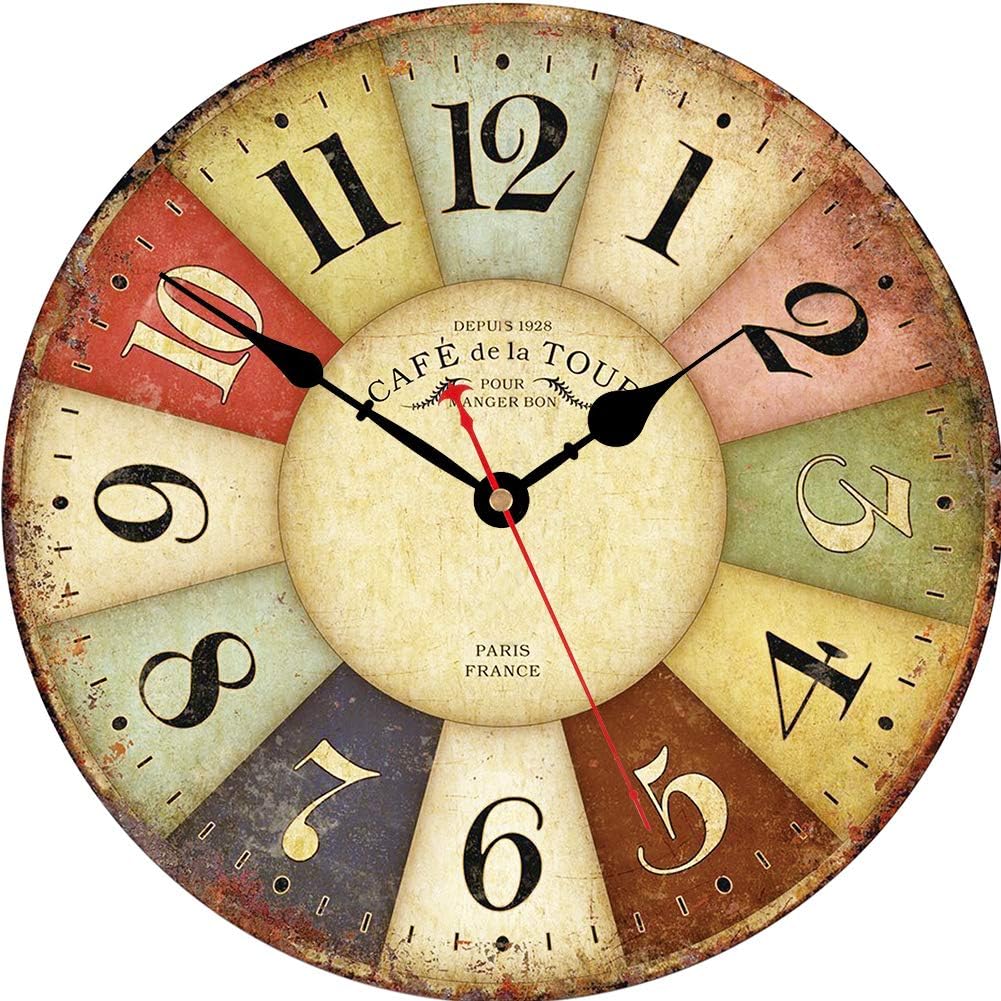 VIKMARI Clocks Battery Operated Wooden Wall Clock Retro Rustic Clock Decorative 14 Inch Arabic Numerals Colorful Silent Non Ticking Wall Clocks for Kitchen,Living Room,Bathroom,Bedroom Home Decor