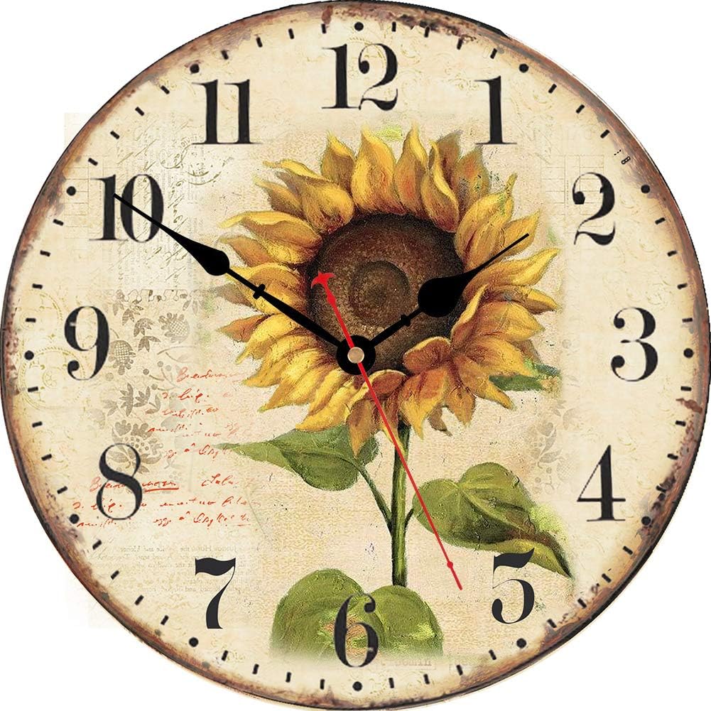 VIKMARI Sunflower Wall Clock Silent Non Ticking - 8 Inch Wooden Quality Quartz Battery Operated Round Wall Clocks for Home/Office/Classroom/School/Kitchen