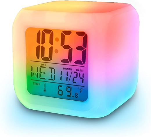 vinmax Digital Alarm Thermometer Night Glowing Cube 7 Colors Clock LED Change LCD for Bedroom Child