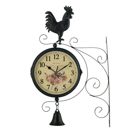 Vintage- Double Sided Wall Clock Wrought Iron -Look Wall Hanging Two Faces Clock with 360 Degree Rotation Home Decor