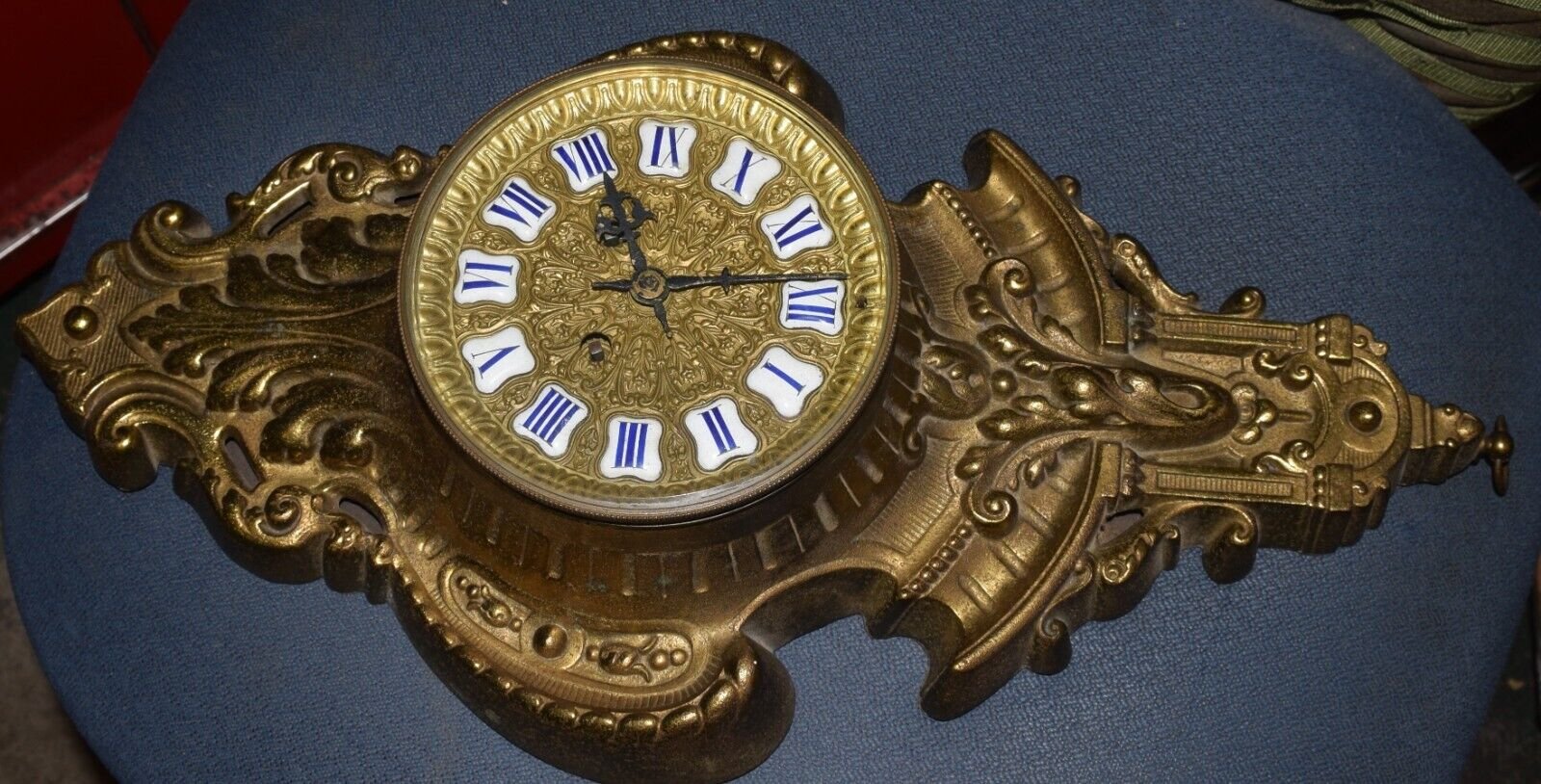 VINTAGE 20" FRENCH GILT BRONZE ENAMEL DIAL WIND-UP WALL CLOCK GILDED ESTATE