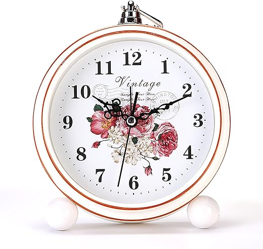 Vintage Alarm Clock, 5.25 Silent Non-Ticking Retro Analog Clock, Battery Operated Small Desk Clock for Bedroom/Living Room/Office/Shelf Decor (Peony)