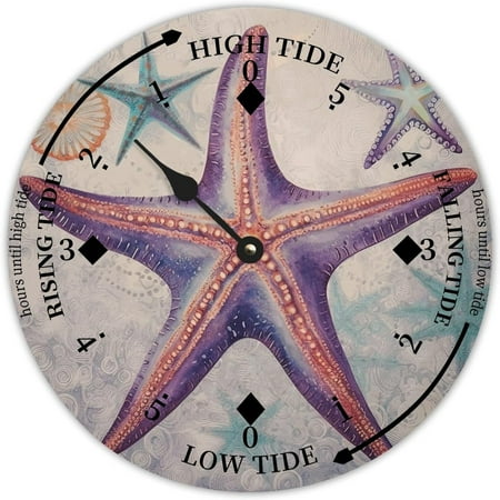 Vintage Beach Time Tide Clock Beach Starfish Ocean Time Wooden Clock Wood Tidal Clock High And Low Tide Movement Clock For Beach Seaside House Cottage Hotel Camping 12 Inch