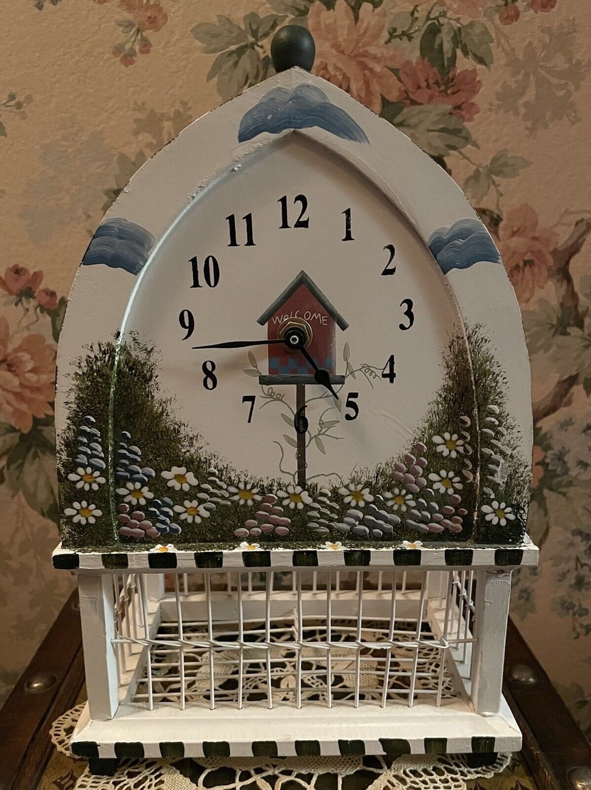 Vintage Birdcage Shaped Table Clock; Wood W/Painted Country Design; Battery Oper