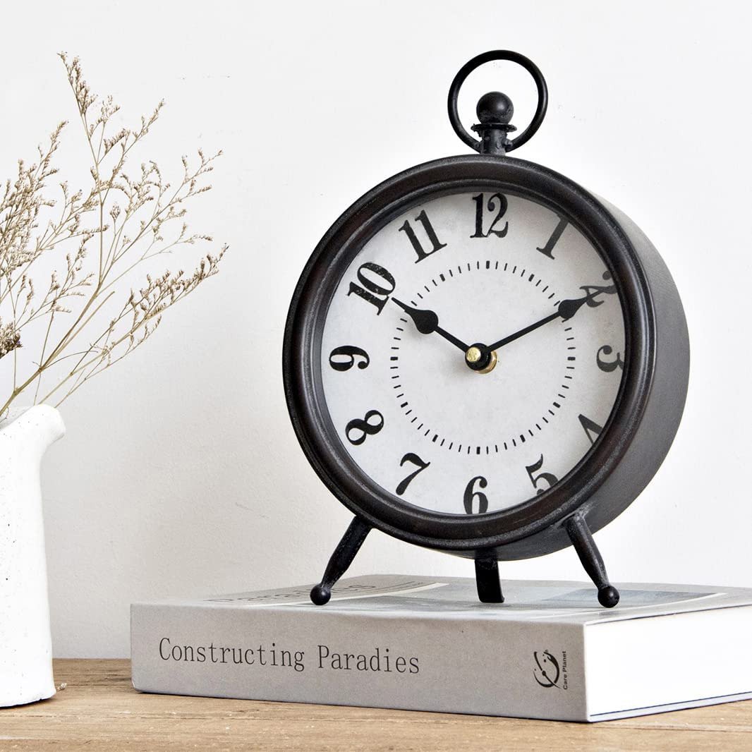 Vintage Black Table Clock on Stand, Decorative Desk and Shelf Clock, Rustic Mant