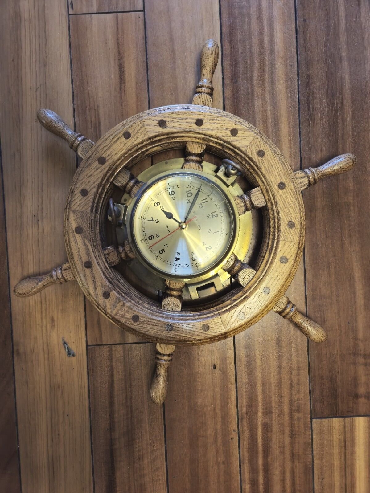 Vintage Brass And Wood Clock “Ship's Time” Walnut Wheel 19” Working Condition.