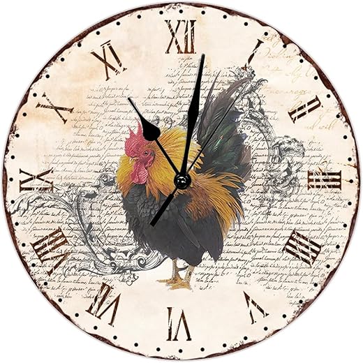 Vintage Country Rooster Wall Clock French Rooster Large Wall Clock 12inch Silent Non-Ticking Battery Operated Wooden Round Wall Clock Decorative for Bathroom Kitchen Living Room Bedroom