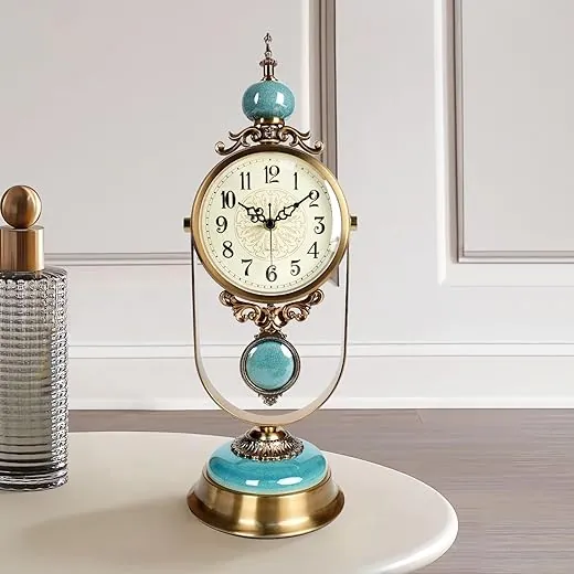 Vintage Desk Clock,Antique Mantel Clock Silent Decorative Clock with Pendulum Battery Operated Table Clock for Living Room/Bedroom/Office/Fireplace Home Decor 6X18