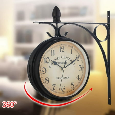 Vintage Double Sided Wall Clock Iron Street Station Wall Clock Art Clock Decorative Double Faced Wall Clock 360 Degree Rotate