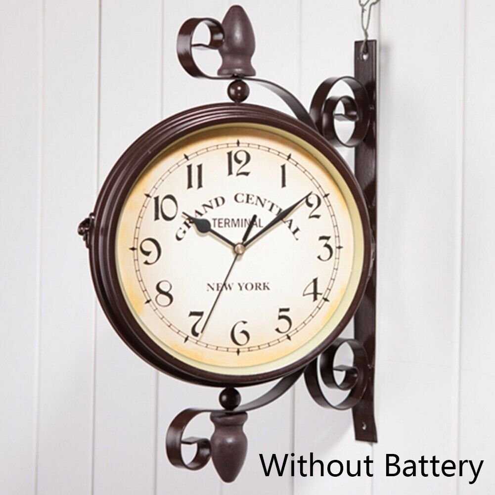 Vintage Double Sided Wall Clock Wrought Iron-Train Grand Station Style