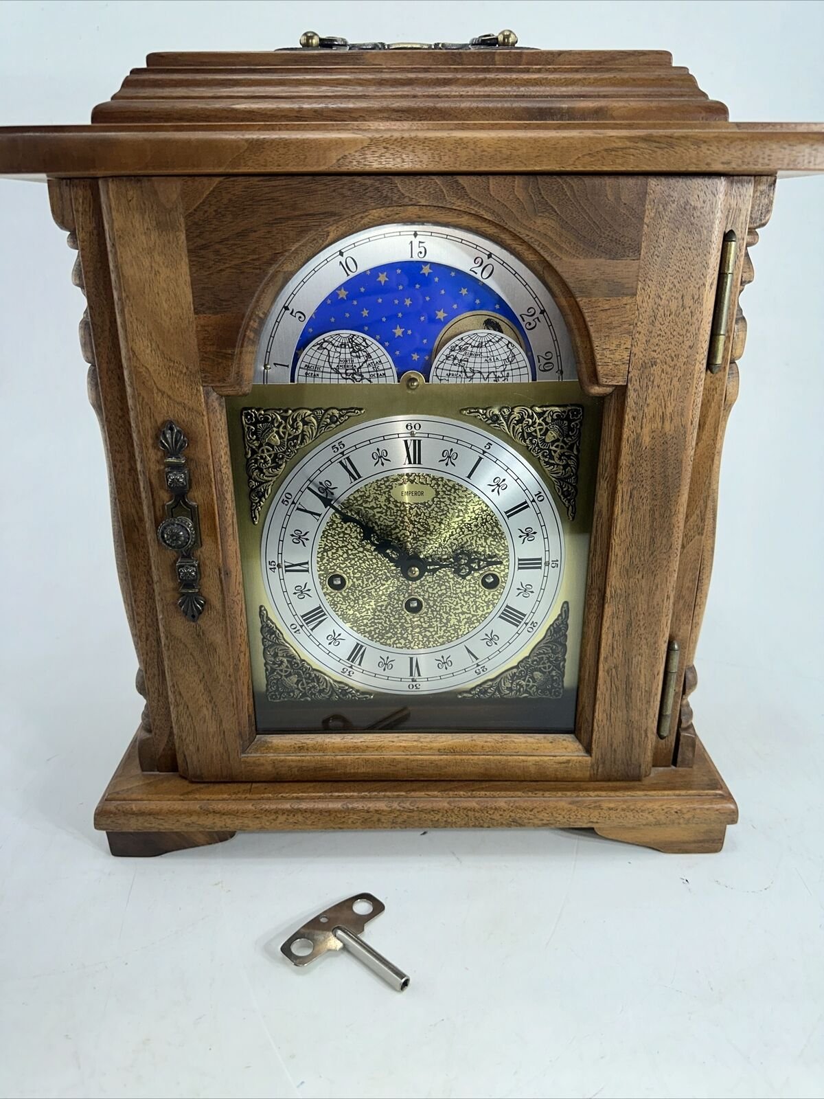 Vintage Emperor Moon Phase Walnut Mantel Clock Hermle 341-020 - Tested -