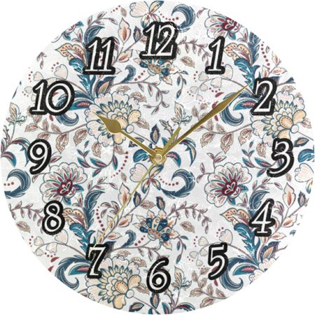 Vintage Floral Seamless White Blue Beige Flowers In Provence Style Round Wall Clock, Oil Silent Non-Ticking Numeral Oil Painting Battery Home Art Bedroom Living Room 9.84 X 9.84 Gold