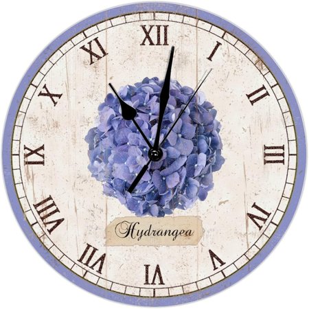 Vintage French Blue Hydrangea Flower Wall Clock Flower Field Round Decorative Clocks Battery Operated 10 Inch Non-Ticking Shabby Chic Wall Decor Home Decor For Kitchen Living Room Bedroom Office