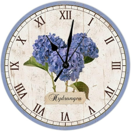 Vintage French Vintage Blue Hydrangea Wall Clock Artificial Flowers 12 Inch Wooden Wall Clocks Battery Operated Silent Shabby Chic Wall Decor Home Decor For Kitchen Bedroom Living Room Office