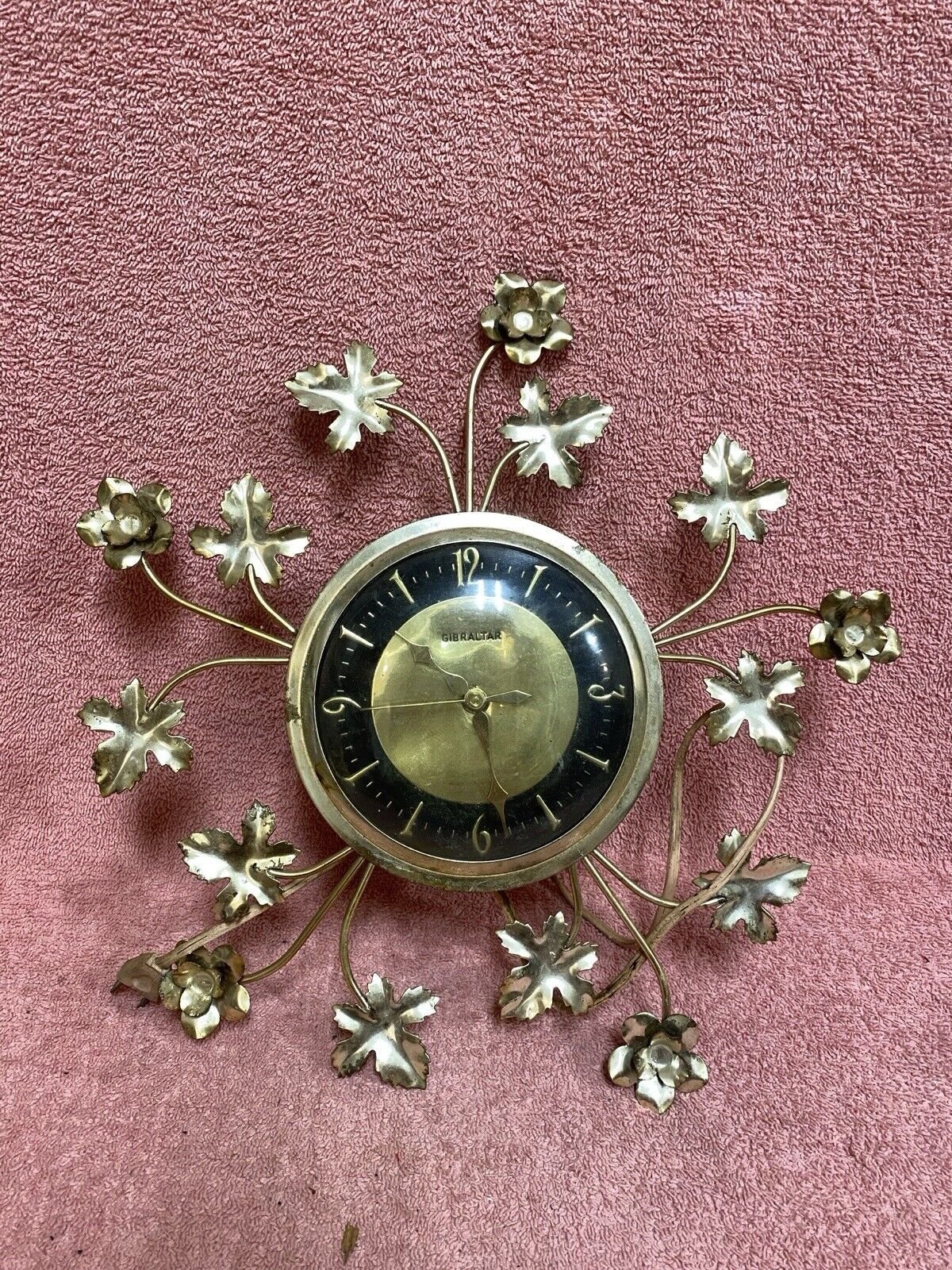 Vintage Gibraltar Metal Golden Leaves Wall Clock