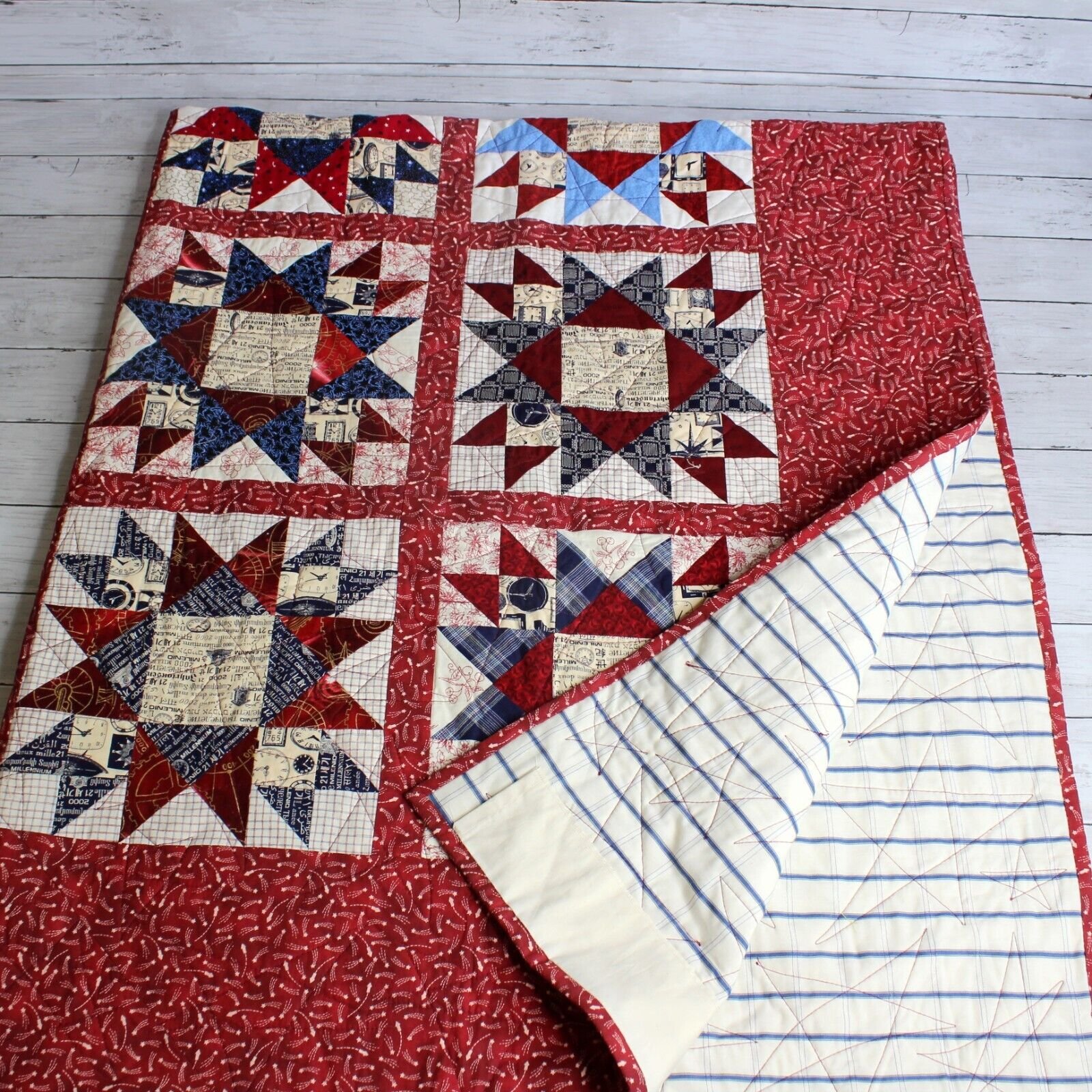 Vintage Handmade Farmhouse Patchwork Quilt Bedspread Cotton Blue Red Feedsack