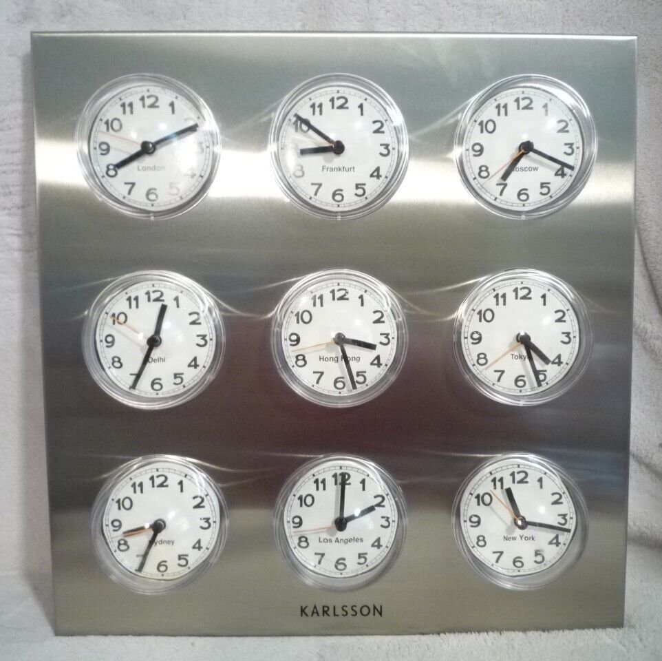 VINTAGE KARLSSON STAINLESS STEEL ANALOGUE WALL CLOCK with 9 CLOCKS/TIME ZONES