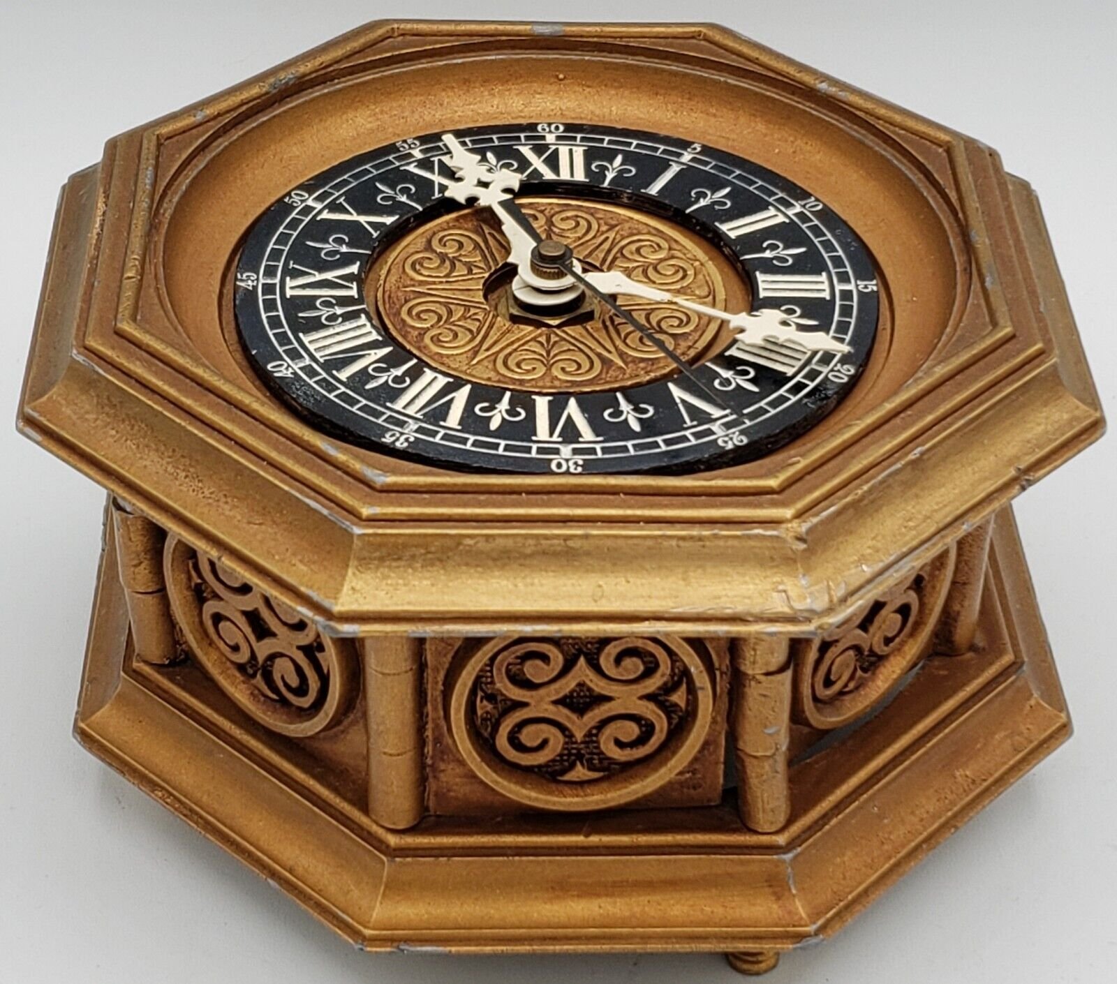 Vintage Kienzle Clock Desk Table Germany Brass Octagon Sun Heart Scroll Clock