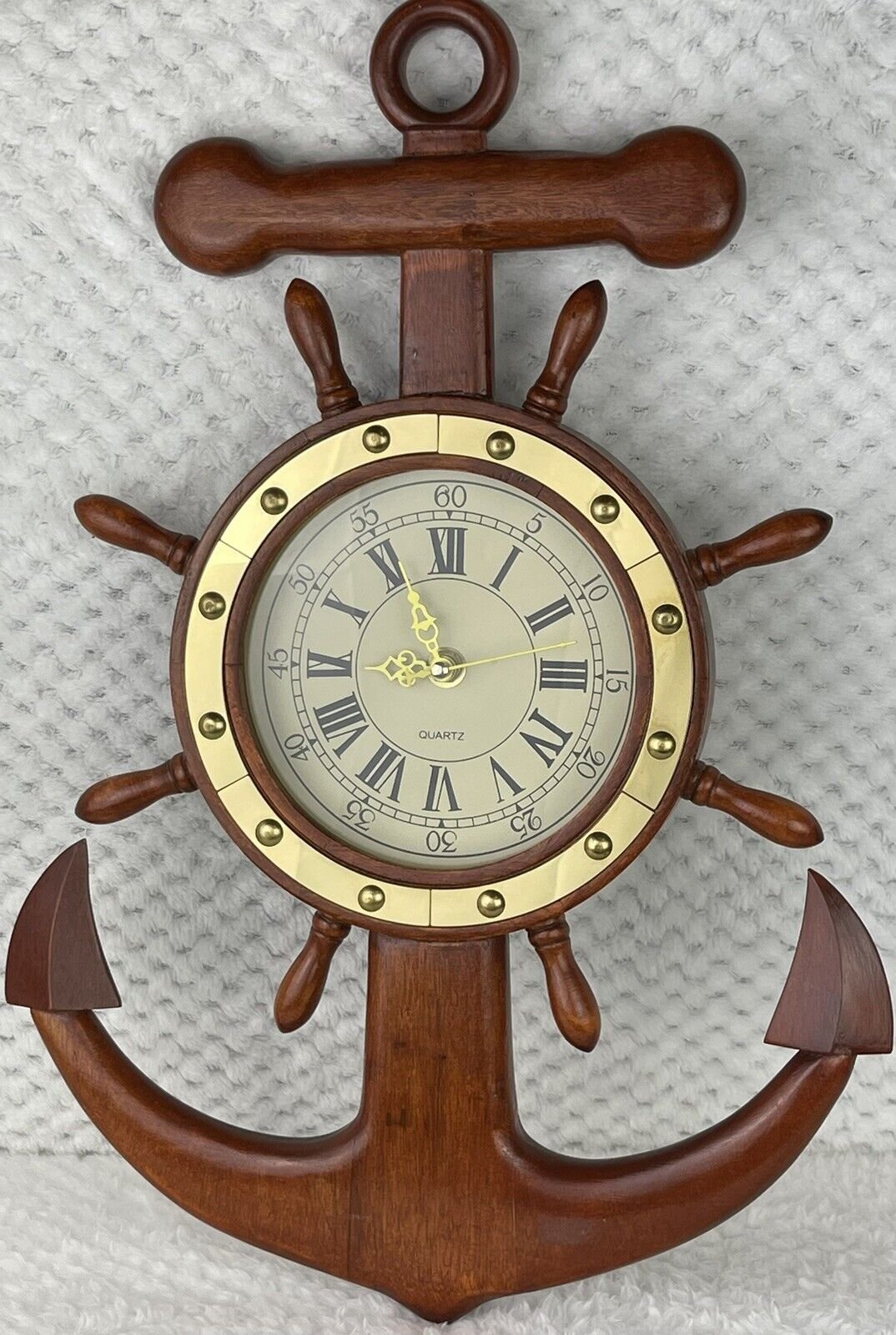 Vintage Large Wood Anchor and Boat Wheel Wall Clock Nautical Theme Home Decor