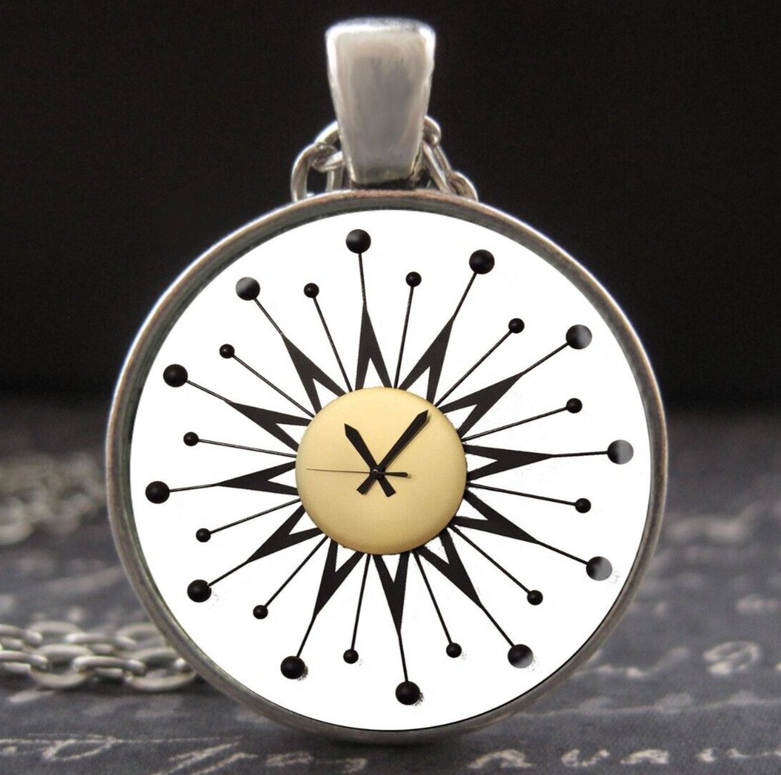 Vintage MCM Starburst Wall Clock Necklace Mid Century Atomic Era Art Pendant New