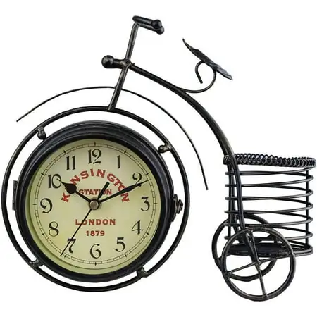 Vintage Metal Rustic Bicycle Clock Bike Shaped Double Side Table Decorative Clock for Home Decor with Basket