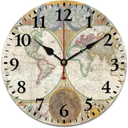 Vintage Old World Map Wooden Wall Clock Map Of The World With National Educational Rustic Wooden Art Hanging Clock Battery-Powered With Quartz Movement Dining Room Decor Arabic Numbers 12 Inch Round