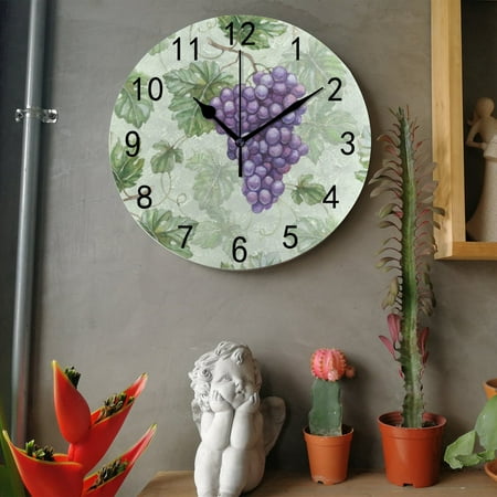 Vintage Purple Grapes Wall Clock, 10 Inch Silent Non Ticking Wall Clocks Battery Operated, Simple Rustic Country Kitchen Clock for Home Decor Art, Easy to Read