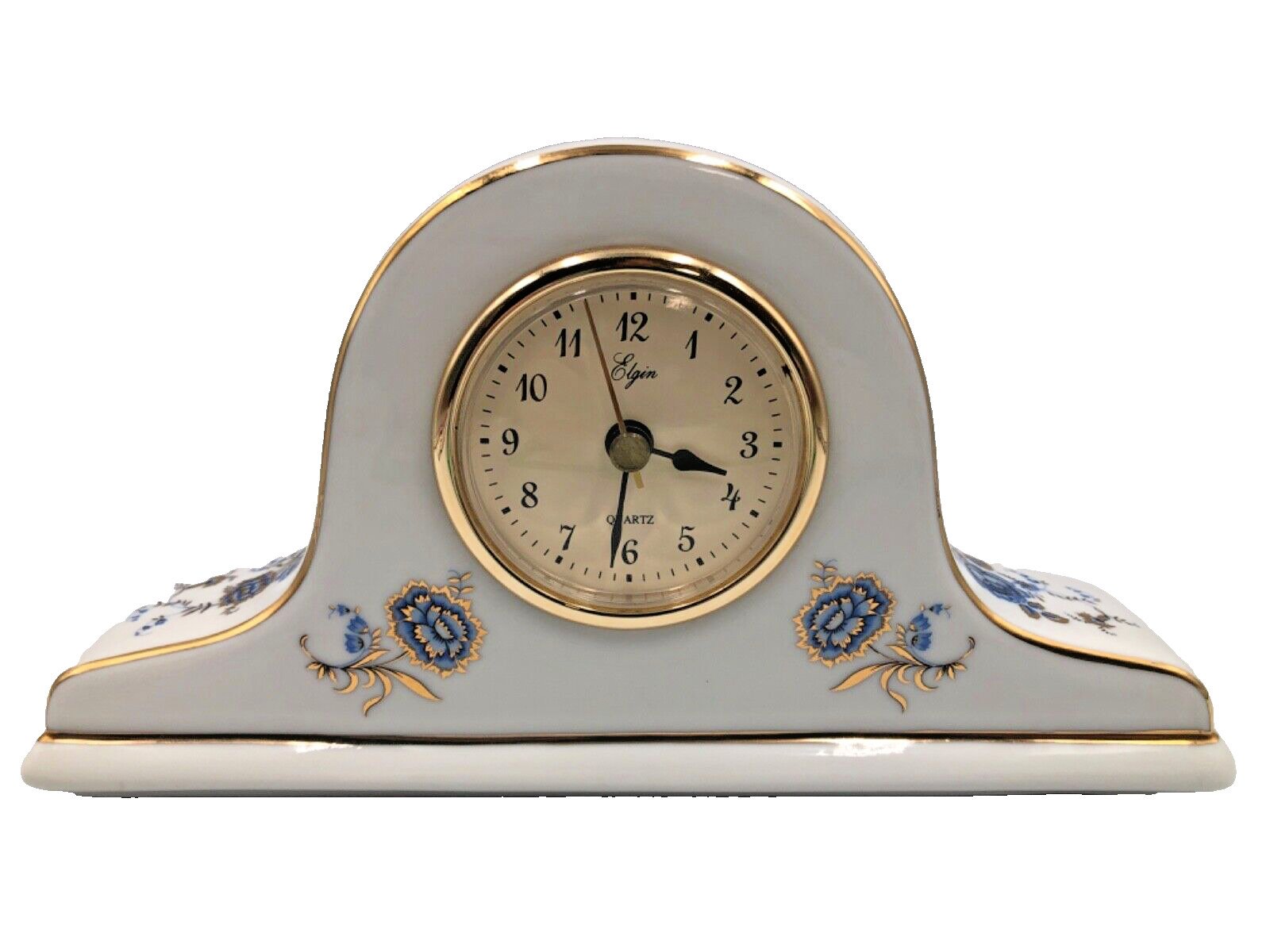 Vintage Quartz Elgin Ceramic Porcelain Table Mantle Clock Blue Flower Gold Works