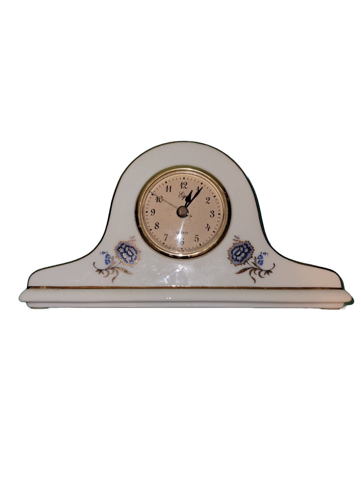 Vintage Quartz Elgin Ceramic Porcelain Table Mantle Clock Blue Flowers 9" Works!