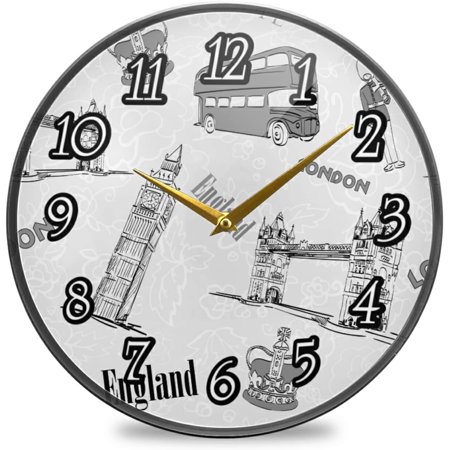 Vintage Retro Style England London Big Ben Blus Crown Human On Grey Wall Clock, Silent Non-Ticking Easy To Read Round Decorative Acrylic Wall Clock Art, For Living Room Home Office School 12 Inch