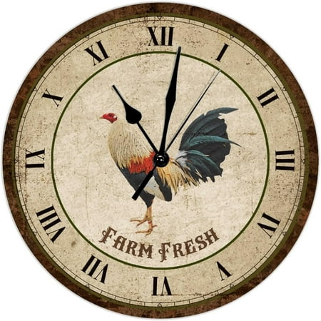 Vintage Rooster Farm Fresh Wood Wall Clock 15Inch Round Clocks Country Kitchen Decor Wood Wall Clocks Non Ticking Operated Clock Vintage French For Kitchen Bedroom Office Birthday Housewarming Gift