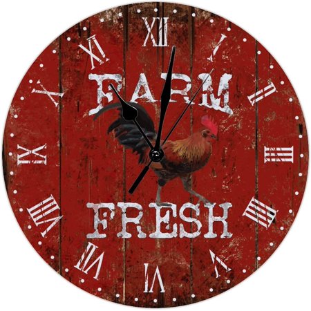 Vintage Rooster Wall Clock Kitchen Wall Clock Old Red Wood Grain 10 Inch Round Wall Clocks Battery Operated Silent Non-Ticking French Retro Farm Wall Decor Home Decor For Living Room Bedroom Office