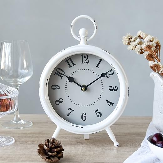 Vintage Rustic White Table Clock on Stand, Decorative Desk and Shelf Clock, Rustic Mantel Clock Farmhouse Clock Non-Ticking