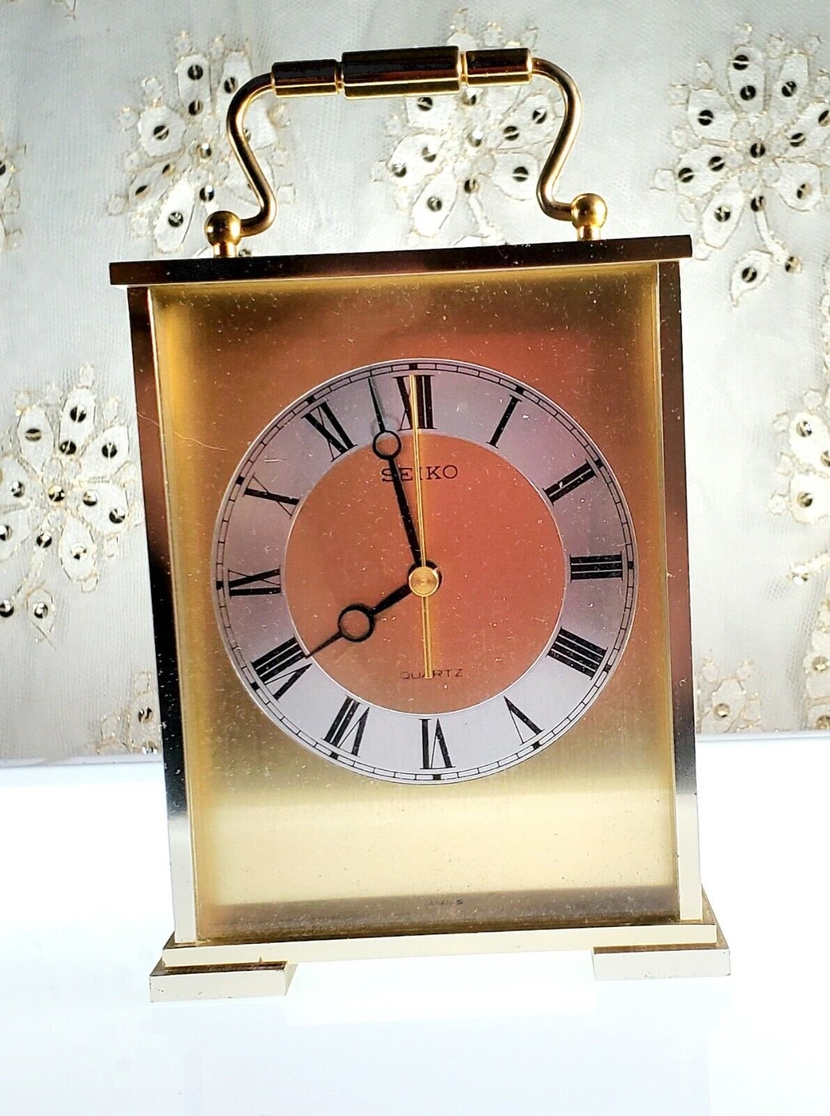 Vintage Seiko Quartz Brushed Brass Carriage Mantle Clock 4.75" Japan Works!!