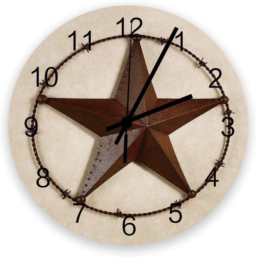 Vintage Star Wall Clock Silent Non Ticking, Texas Farmhouse Star Vintage Rustic Wood Grain Clock, Battery Operated Quartz Wooden Round Wall Clocks Decorative for Living Room/Kitchen/Office 12 Inch