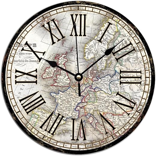 Vintage Style Old World Map Wall Clock Antique Retro Classic World Map PVC Wall Clocks Battery Operated PVC Wall Clocks Vintage Farmhouse Clock for Dinning Living Room 12x12in