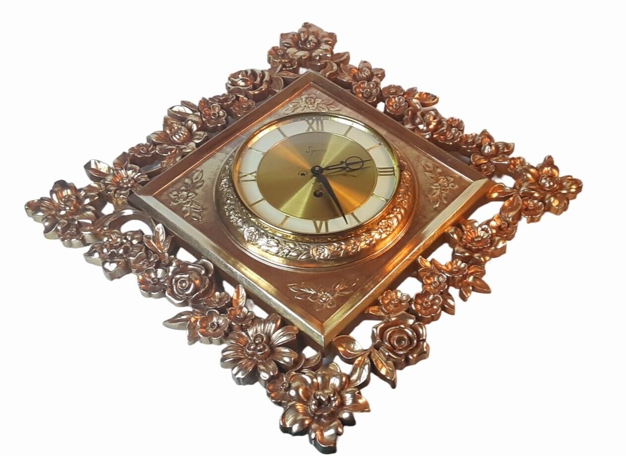 Vintage Syroco Wall Clock 8 Day Wood J1060 MCM Floral Leaves-No Key/Untested 21"