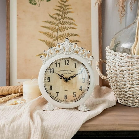 Vintage Table Clock, Decorative Shelf Desk Top Clock Battery Operated Round French Design