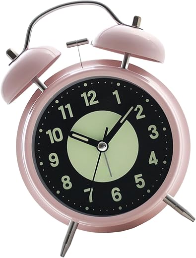 Vintage Twin Bells Alarm Clock Loud Ringing for Heavy Sleepers Battery Operated Glowing Dials Quiet Operate Desk Clock