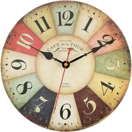 Vintage Wall Clock, 34 cm French Country Tuscan Style Wooden Clock Silent Non-Ticking Battery Operated Clock-14 Colorful Number